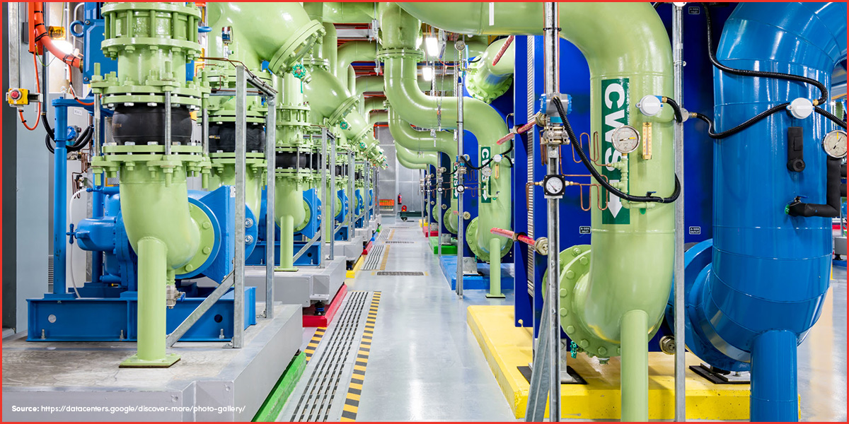 pipes in the chiller room in google's data centre