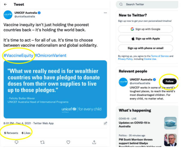 Example of a Unicef Twitter campaign about vaccine equity showing a hashtag and a retweet