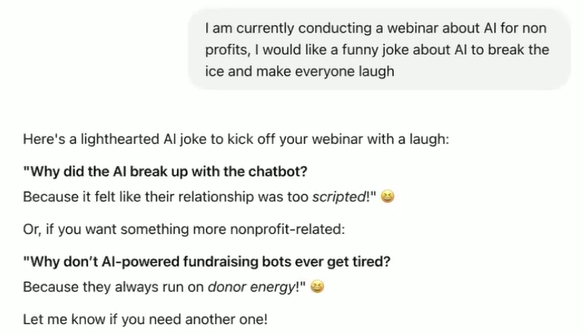 a screenshot of a conversation with ChatGPT. The user asks ChatGPT for a joke.