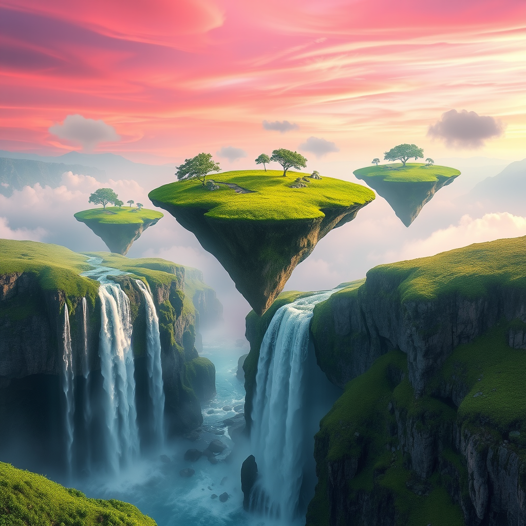 A surreal landscape with floating islands, vibrant green grass, and cascading waterfalls under a magenta sky, digital art. Image has been generated by AI.