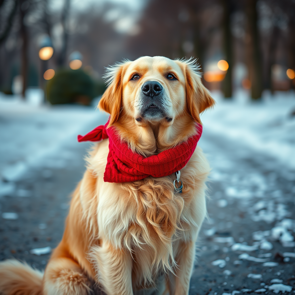 A photorealistic portrait of a golden retriever wearing a red scarf, sitting in a snowy park. Image generated using AI.