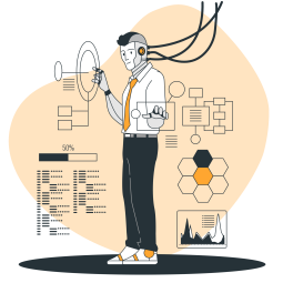 a cyborg, smiling while using futuristic touch screens to generate data