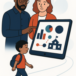 Parents review data with a child in the foreground. An illustration.