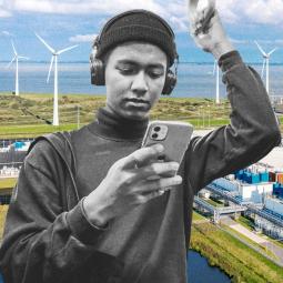 A young person in greyscale is collaged in front of a data centre powered by windmills
