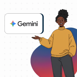 Illustration of young woman of colour in a hoodie posing with the Gemini logo