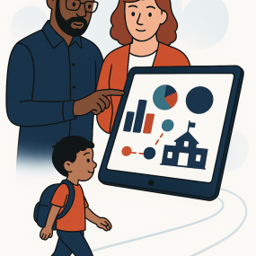 Parents review data with a child in the foreground. An illustration.