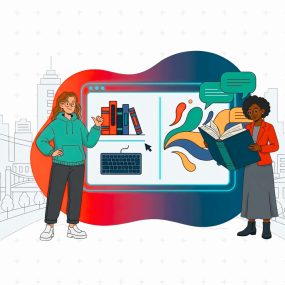 Two people in front of a giant screen discuss language