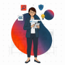 A woman stands with floating symbols relevant to AI around her